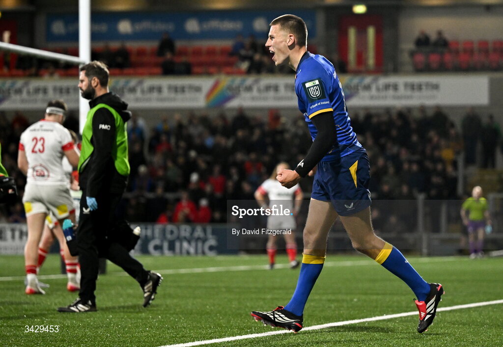 17 April 2026; Sam Prendergast of Leinster celebrates after scoring his side's fourth try during the United Rugby Championship match between Ulster and Leinster at Affidea Stadium in Belfast. Photo by David Fitzgerald/Sportsfile
