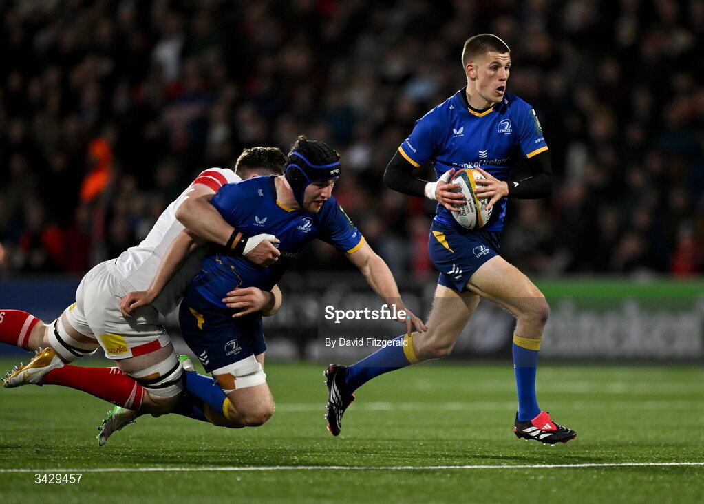 17 April 2026; Sam Prendergast of Leinster makes a break during the United Rugby Championship match between Ulster and Leinster at Affidea Stadium in Belfast. Photo by David Fitzgerald/Sportsfile