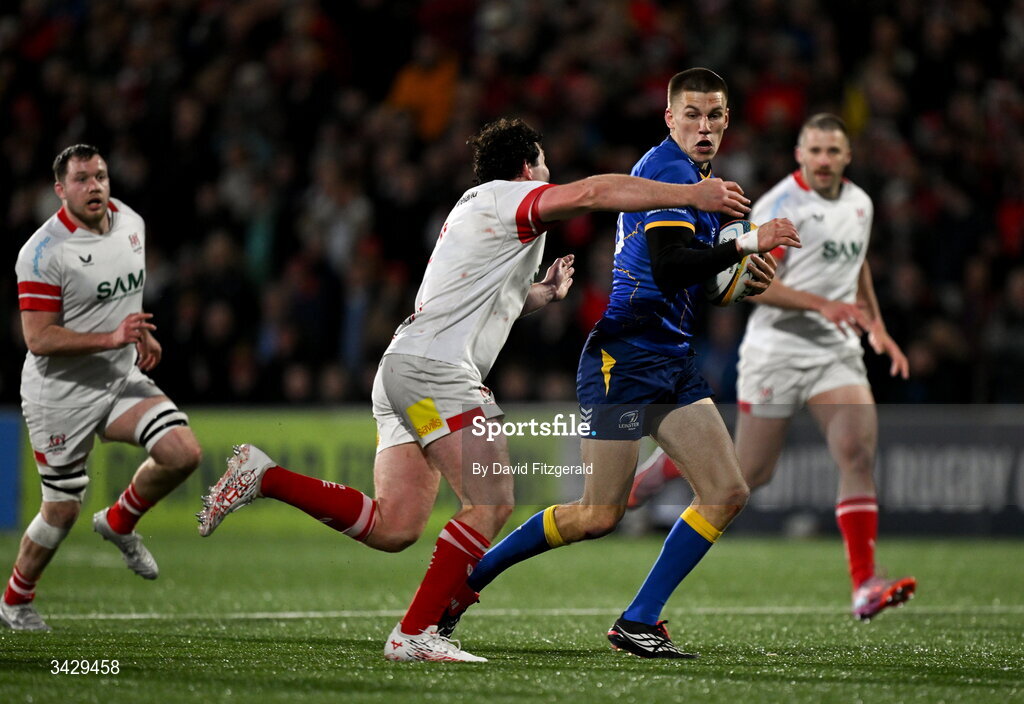 17 April 2026; Sam Prendergast of Leinster is tackled by Tom Stewart of Ulster during the United Rugby Championship match between Ulster and Leinster at Affidea Stadium in Belfast. Photo by David Fitzgerald/Sportsfile