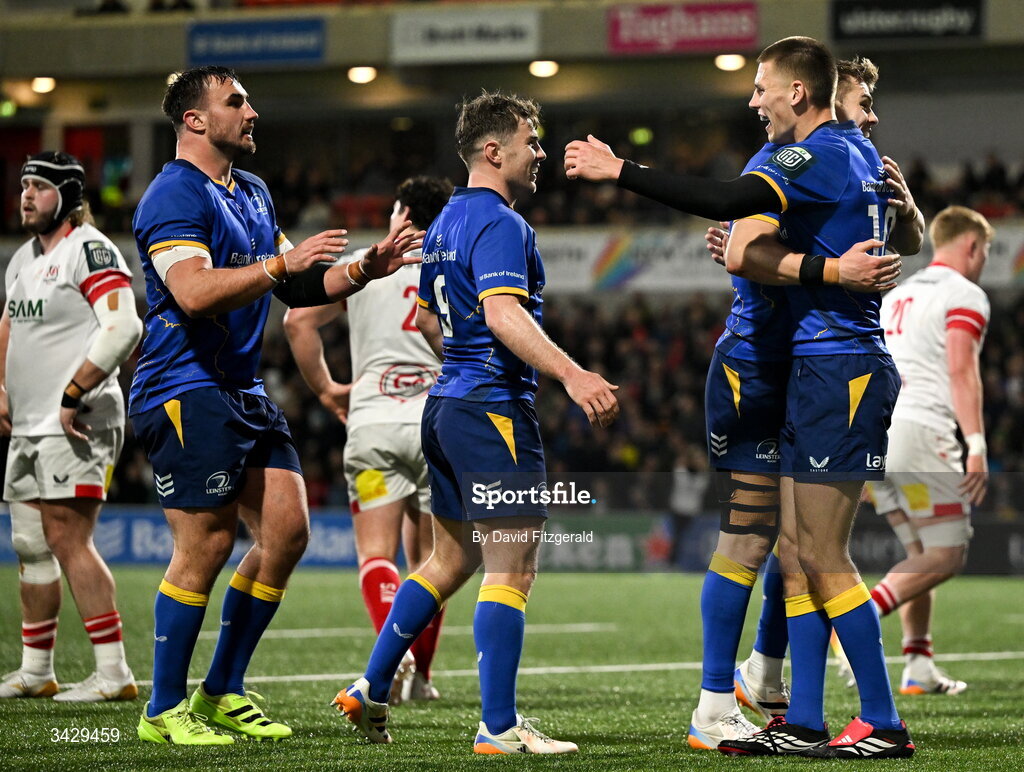 17 April 2026; Sam Prendergast of Leinster celebrates with team mates after scoring their side's fourth try during the United Rugby Championship match between Ulster and Leinster at Affidea Stadium in Belfast. Photo by David Fitzgerald/Sportsfile