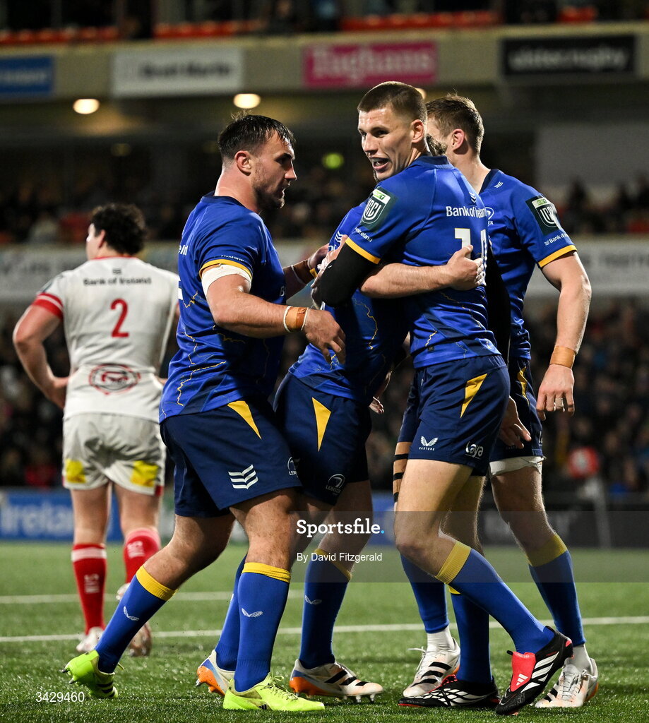 17 April 2026; Sam Prendergast of Leinster celebrates with team mates after scoring their side's fourth try during the United Rugby Championship match between Ulster and Leinster at Affidea Stadium in Belfast. Photo by David Fitzgerald/Sportsfile