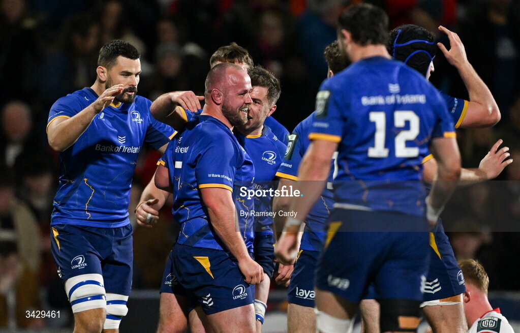 17 April 2026; Leinster players, from left, Max Deegan, Scott Penny and Luke McGrath celebrate during the United Rugby Championship match between Ulster and Leinster at Affidea Stadium in Belfast. Photo by Ramsey Cardy/Sportsfile