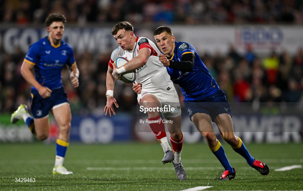 17 April 2026; Jack Murphy of Ulster is tackled by Sam Prendergast of Leinster during the United Rugby Championship match between Ulster and Leinster at Affidea Stadium in Belfast. Photo by Ramsey Cardy/Sportsfile