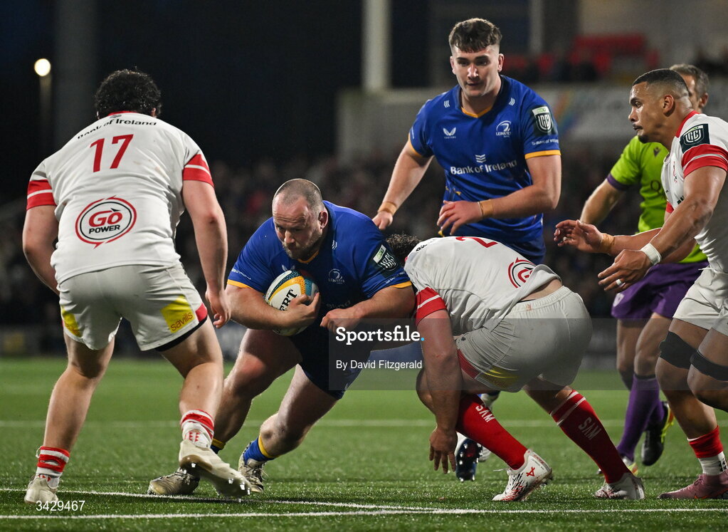 17 April 2026; Ed Byrne of Leinster is tackled by Tom Stewart of Ulster during the United Rugby Championship match between Ulster and Leinster at Affidea Stadium in Belfast. Photo by David Fitzgerald/Sportsfile