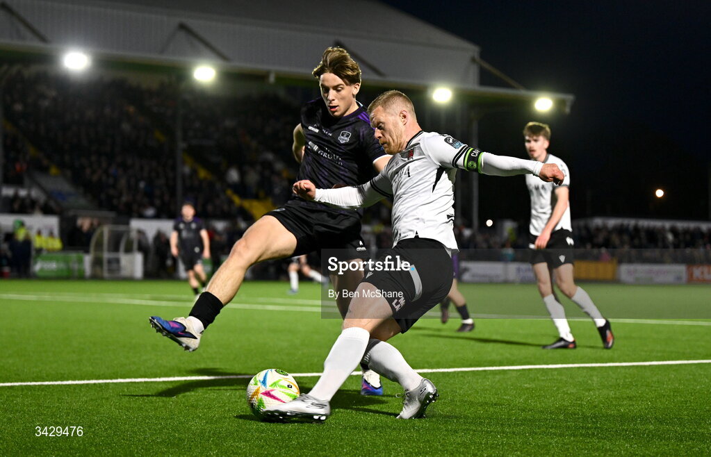 17 April 2026; Daryl Horgan of Dundalk in action against Arthur Parker of Galway United during the SSE Airtricity Men's Premier Division match between Dundalk and Galway United at Oriel Park in Dundalk, Louth. Photo by Ben McShane/Sportsfile
