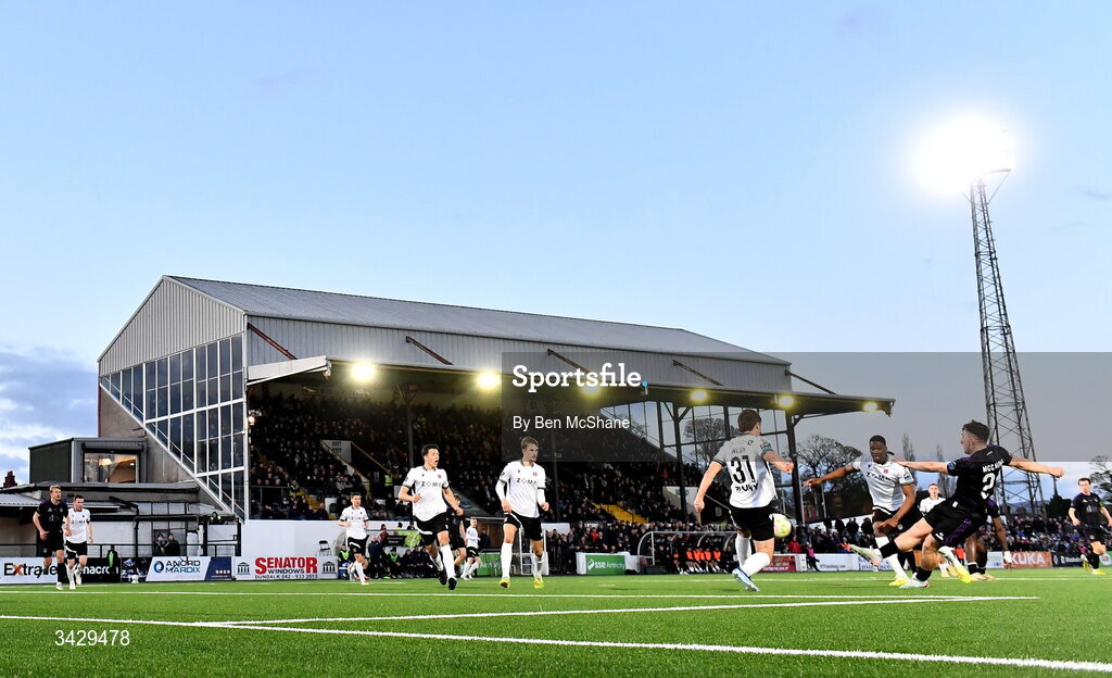 17 April 2026; Ed McCarthy of Galway United has a shot on goal during the SSE Airtricity Men's Premier Division match between Dundalk and Galway United at Oriel Park in Dundalk, Louth. Photo by Ben McShane/Sportsfile