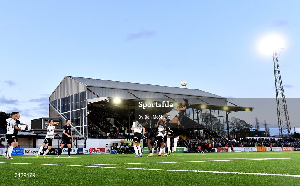 17 April 2026; Gianfranco Facchineri of Galway United in action against Mayowa Animasahun of Dundalk during the SSE Airtricity Men's Premier Division match between Dundalk and Galway United at Oriel Park in Dundalk, Louth. Photo by Ben McShane/Sportsfile