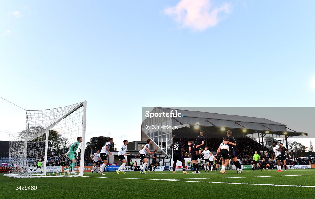 17 April 2026; Lee Devitt of Galway United has a header on goal during the SSE Airtricity Men's Premier Division match between Dundalk and Galway United at Oriel Park in Dundalk, Louth. Photo by Ben McShane/Sportsfile