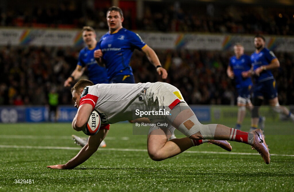 17 April 2026; Zac Ward of Ulster scores his side's second try during the United Rugby Championship match between Ulster and Leinster at Affidea Stadium in Belfast. Photo by Ramsey Cardy/Sportsfile