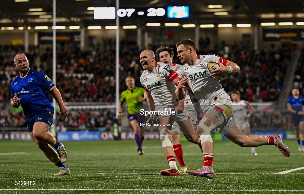 17 April 2026; Zac Ward of Ulster on his way to scoring his side's second try during the United Rugby Championship match between Ulster and Leinster at Affidea Stadium in Belfast. Photo by Ramsey Cardy/Sportsfile