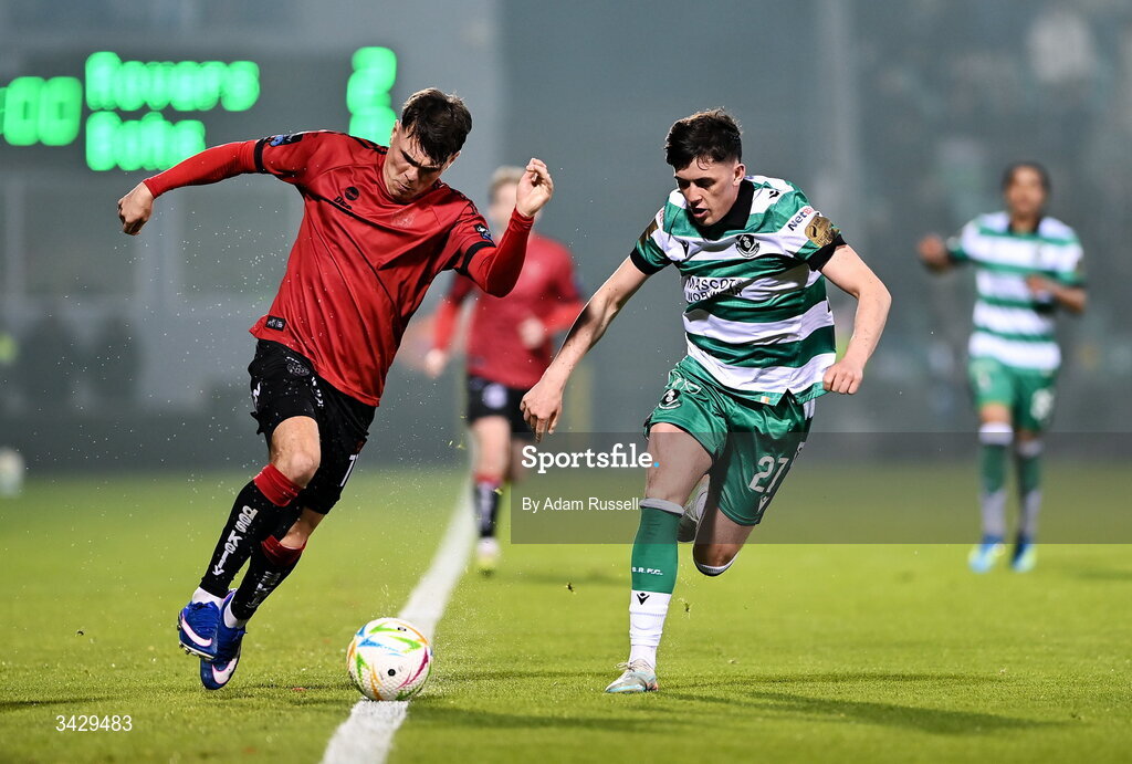 17 April 2026; Dayle Rooney of Bohemians in action against Cory O'Sullivan of Shamrock Rovers during the SSE Airtricity Men's Premier Division match between Shamrock Rovers and Bohemians at Tallaght Stadium in Dublin. Photo by Adam Russell/Sportsfile