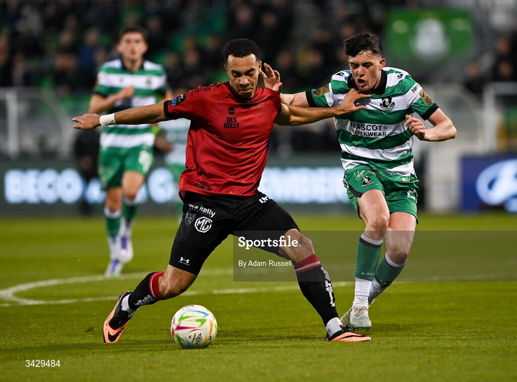 17 April 2026; Douglas James-Taylor of Bohemians in action against Cory O'Sullivan of Shamrock Rovers during the SSE Airtricity Men's Premier Division match between Shamrock Rovers and Bohemians at Tallaght Stadium in Dublin. Photo by Adam Russell/Sportsfile