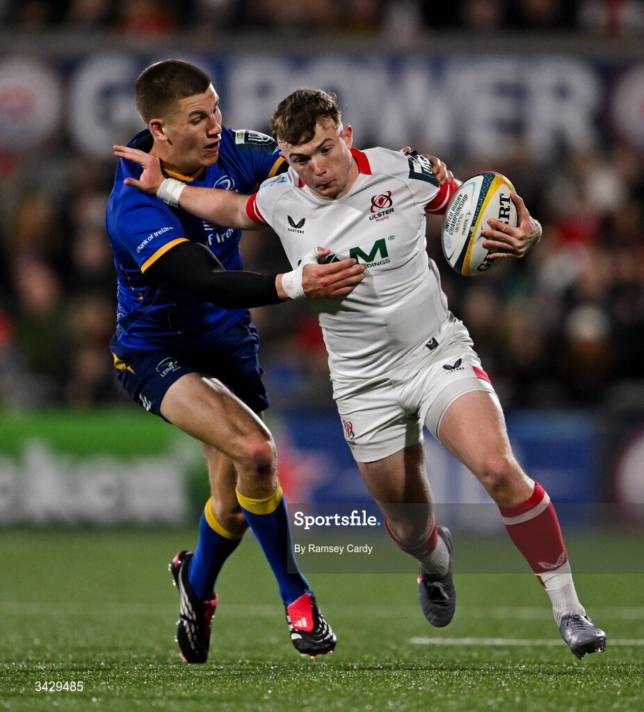 17 April 2026; Jack Murphy of Ulster is tackled by Sam Prendergast of Leinster during the United Rugby Championship match between Ulster and Leinster at Affidea Stadium in Belfast. Photo by Ramsey Cardy/Sportsfile