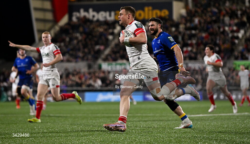 17 April 2026; Zac Ward of Ulster on his way to scoring his side's third try during the United Rugby Championship match between Ulster and Leinster at Affidea Stadium in Belfast. Photo by Ramsey Cardy/Sportsfile