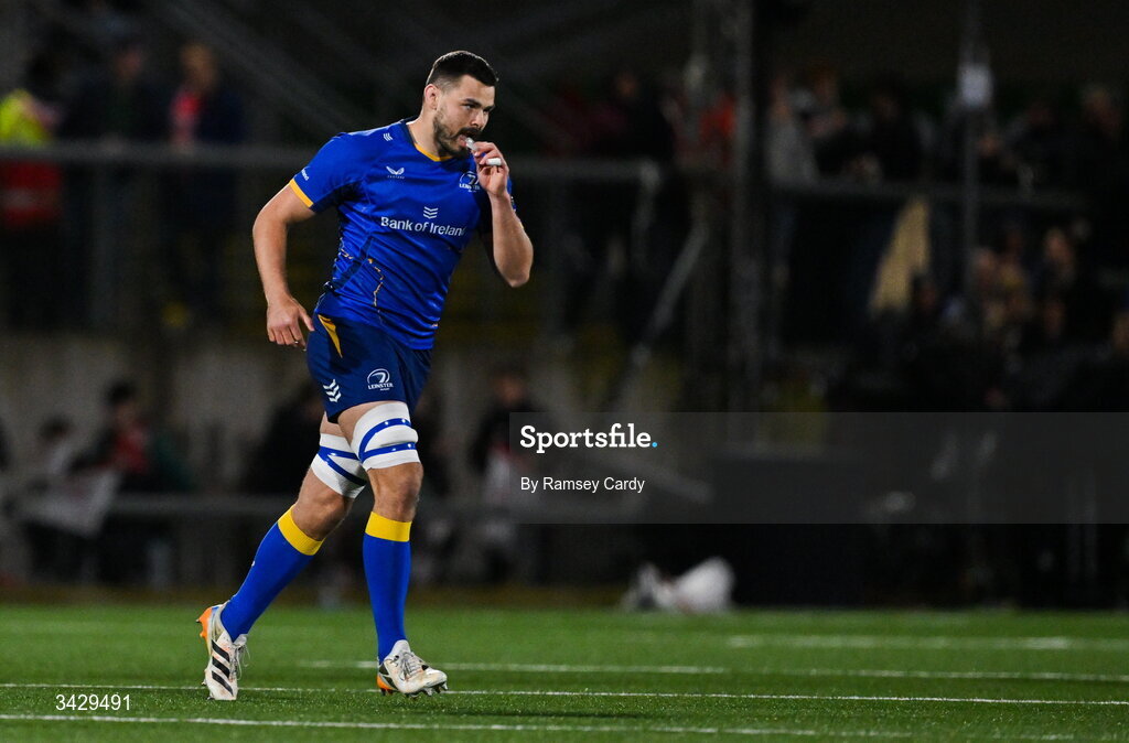 17 April 2026; Max Deegan of Leinster after being shown a yellow card, which was subsequently upgraded to a red card, during the United Rugby Championship match between Ulster and Leinster at Affidea Stadium in Belfast. Photo by Ramsey Cardy/Sportsfile