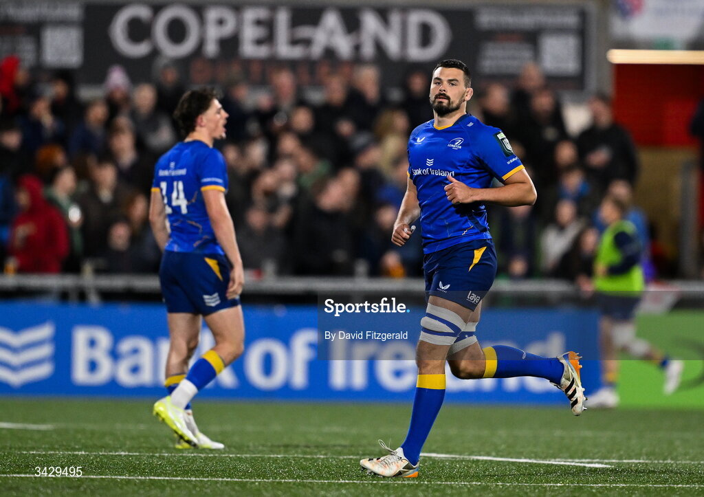 17 April 2026; Max Deegan of Leinster leaves the field after receiving a yellow card which was upgraded to a red during the United Rugby Championship match between Ulster and Leinster at Affidea Stadium in Belfast. Photo by David Fitzgerald/Sportsfile