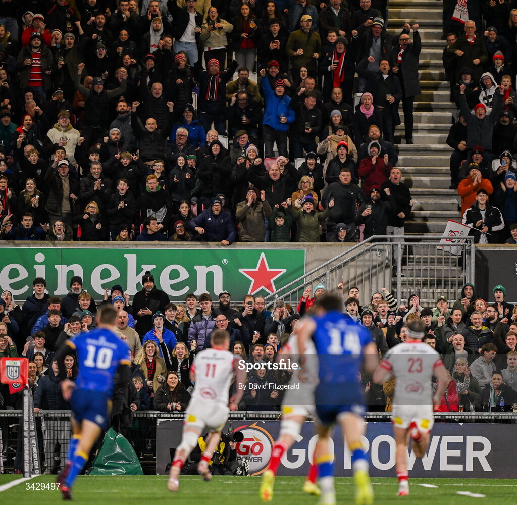 17 April 2026; Ulster supporters react as Zac Ward runs in for their third try during the United Rugby Championship match between Ulster and Leinster at Affidea Stadium in Belfast. Photo by David Fitzgerald/Sportsfile