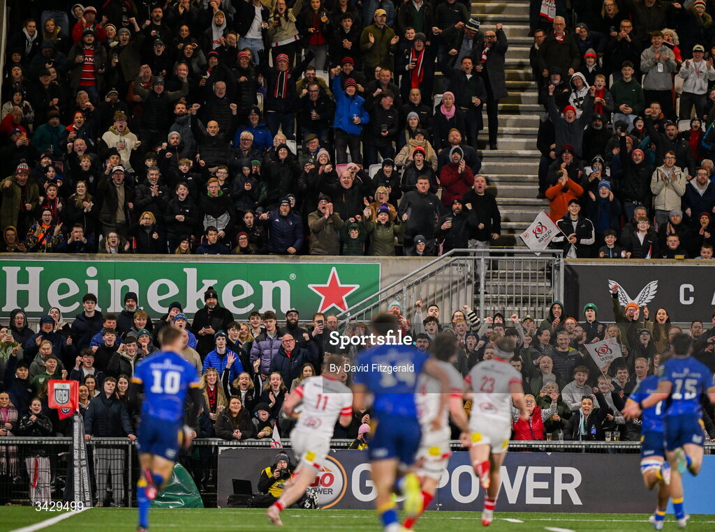 17 April 2026; Ulster supporters react as Zac Ward runs in for their third try during the United Rugby Championship match between Ulster and Leinster at Affidea Stadium in Belfast. Photo by David Fitzgerald/Sportsfile