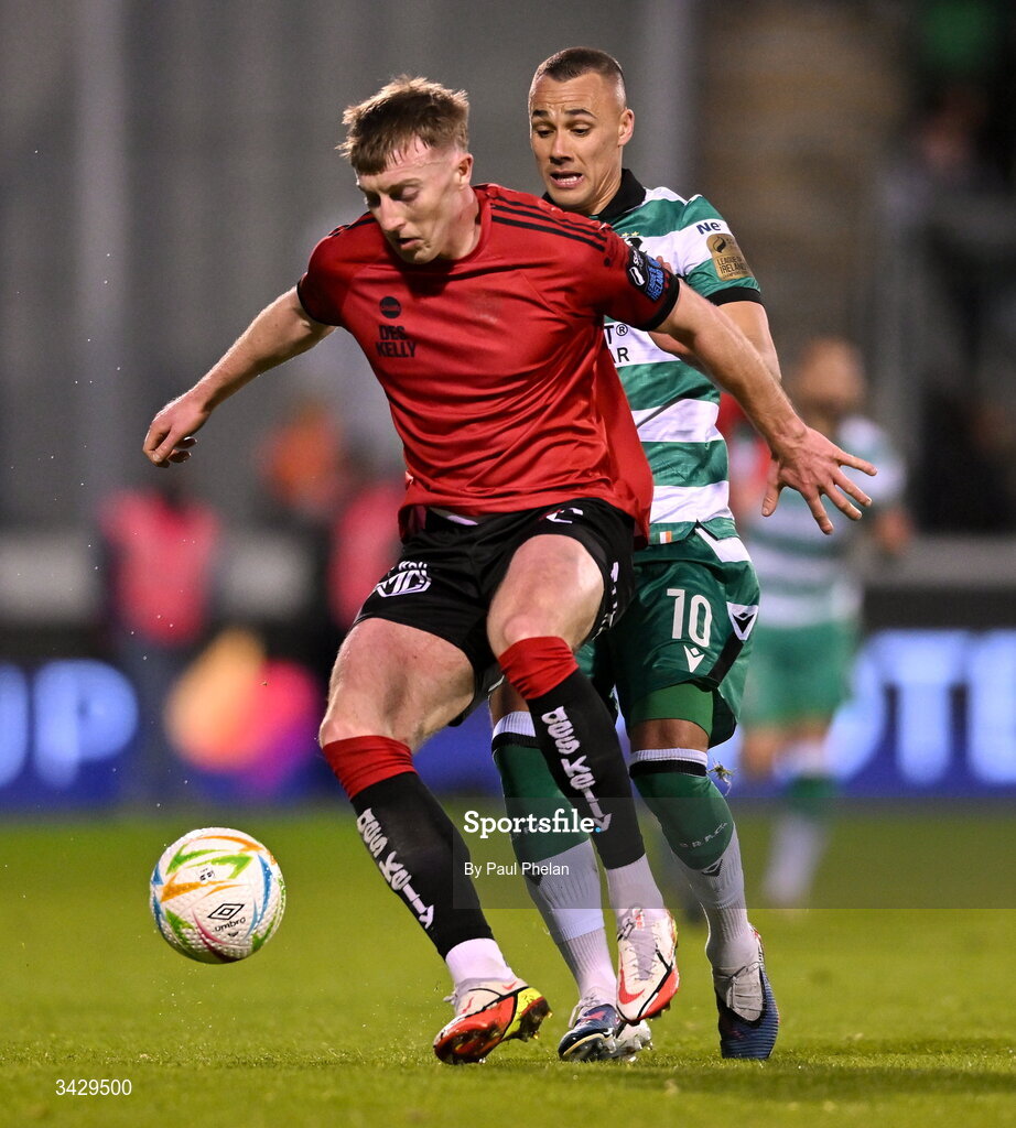 17 April 2026; Sam Todd of Bohemians in action against Graham Burke of Shamrock Rovers during the SSE Airtricity Men's Premier Division match between Shamrock Rovers and Bohemians at Tallaght Stadium in Dublin. Photo by Paul Phelan/Sportsfile