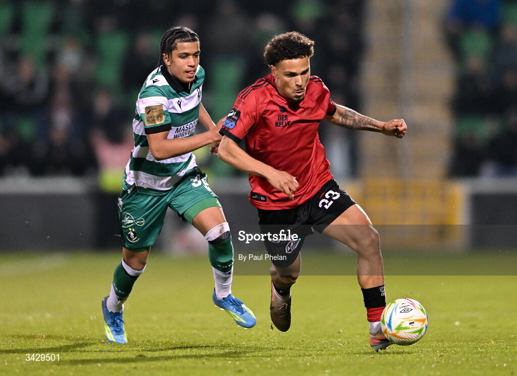 17 April 2026; Zane Myers of Bohemians in action against Victor Ozhianvuna of Shamrock Rovers during the SSE Airtricity Men's Premier Division match between Shamrock Rovers and Bohemians at Tallaght Stadium in Dublin. Photo by Paul Phelan/Sportsfile