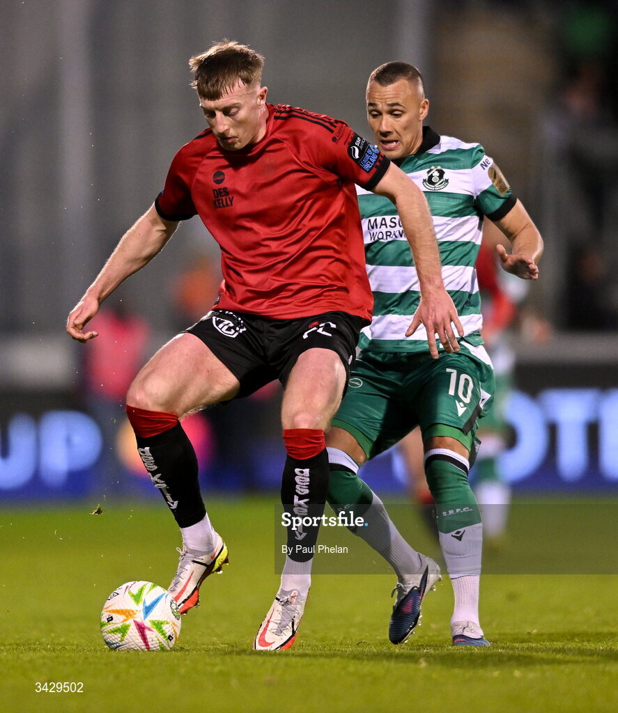 17 April 2026; Sam Todd of Bohemians in action against Graham Burke of Shamrock Rovers during the SSE Airtricity Men's Premier Division match between Shamrock Rovers and Bohemians at Tallaght Stadium in Dublin. Photo by Paul Phelan/Sportsfile