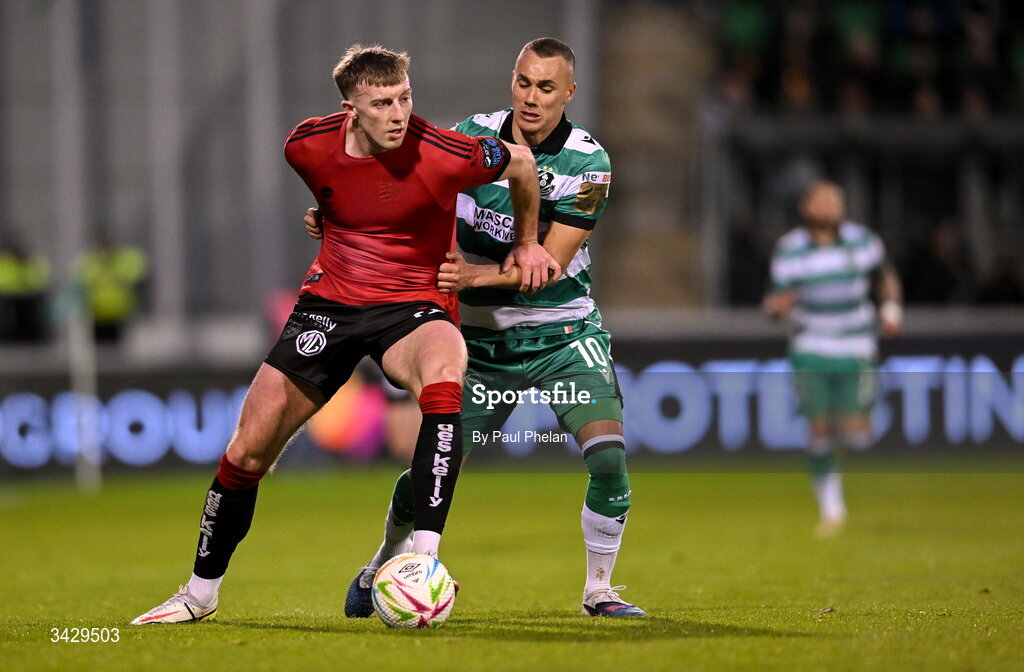 17 April 2026; Sam Todd of Bohemians in action against Graham Burke of Shamrock Rovers during the SSE Airtricity Men's Premier Division match between Shamrock Rovers and Bohemians at Tallaght Stadium in Dublin. Photo by Paul Phelan/Sportsfile