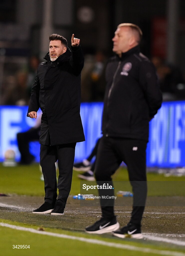 17 April 2026; Shamrock Rovers manager Stephen Bradley and Bohemians manager Alan Reynolds, right, during the SSE Airtricity Men's Premier Division match between Shamrock Rovers and Bohemians at Tallaght Stadium in Dublin. Photo by Stephen McCarthy/Sportsfile