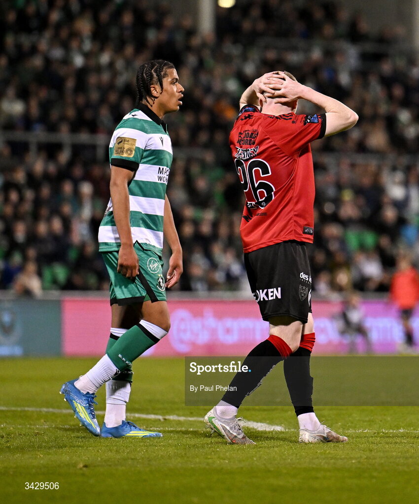 17 April 2026; Ross Tierney of Bohemians reacts after missing a chance during the SSE Airtricity Men's Premier Division match between Shamrock Rovers and Bohemians at Tallaght Stadium in Dublin. Photo by Paul Phelan/Sportsfile