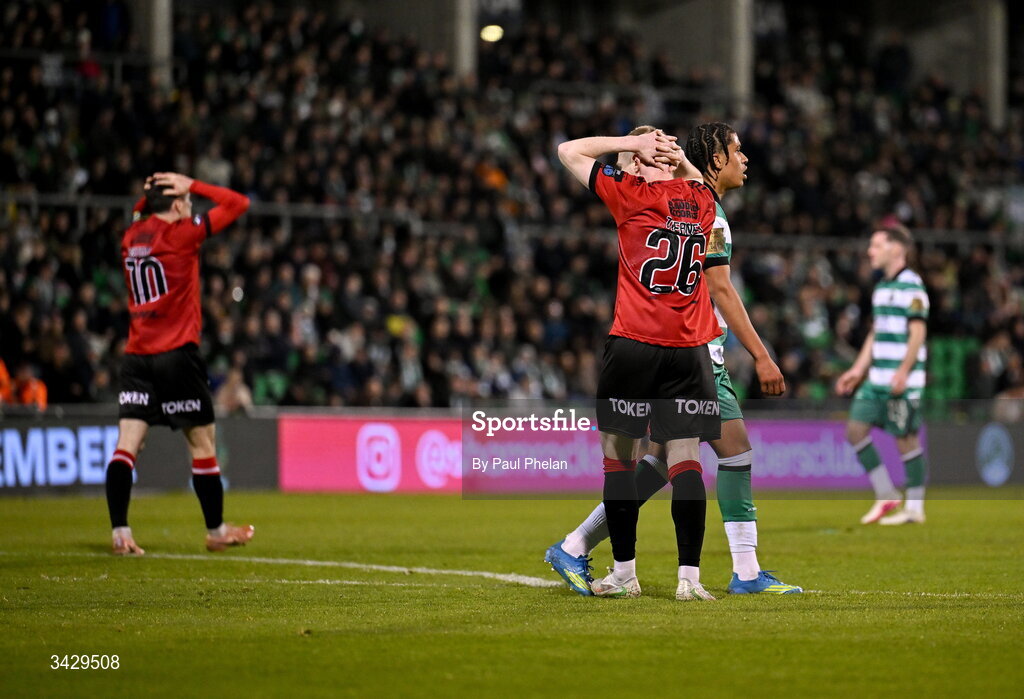 17 April 2026; Ross Tierney of Bohemians reacts after missing a chance during the SSE Airtricity Men's Premier Division match between Shamrock Rovers and Bohemians at Tallaght Stadium in Dublin. Photo by Paul Phelan/Sportsfile