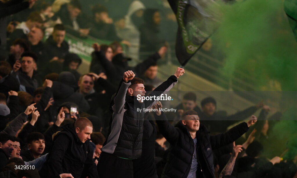 17 April 2026; Shamrock Rovers supporters celebrate their side's second goal during the SSE Airtricity Men's Premier Division match between Shamrock Rovers and Bohemians at Tallaght Stadium in Dublin. Photo by Stephen McCarthy/Sportsfile