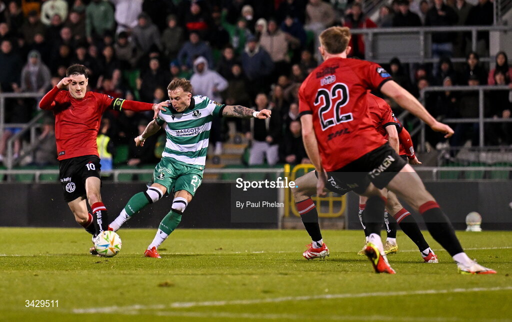 17 April 2026; Danny Grant of Shamrock Rovers is fouled by Dawson Devoy of Bohemians and wins a penalty during the SSE Airtricity Men's Premier Division match between Shamrock Rovers and Bohemians at Tallaght Stadium in Dublin. Photo by Paul Phelan/Sportsfile