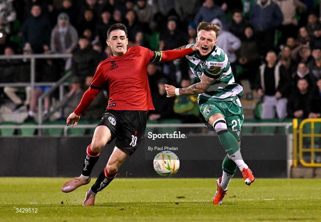 17 April 2026; Danny Grant of Shamrock Rovers is fouled by Dawson Devoy of Bohemians and wins a penalty during the SSE Airtricity Men's Premier Division match between Shamrock Rovers and Bohemians at Tallaght Stadium in Dublin. Photo by Paul Phelan/Sportsfile