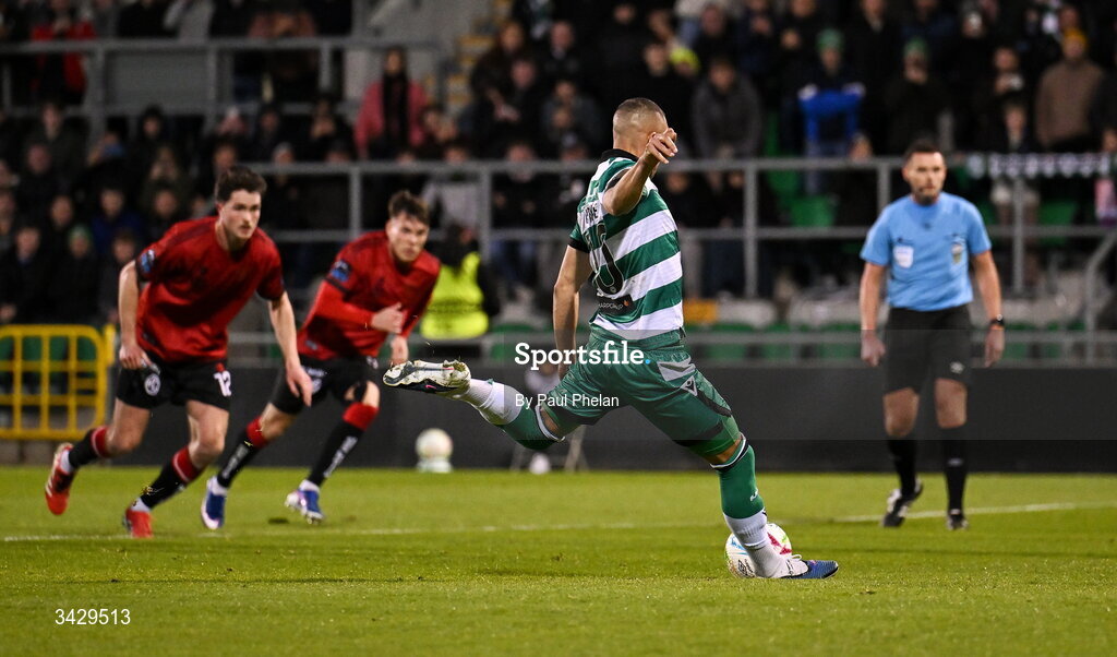 17 April 2026; Graham Burke of Shamrock Rovers scores a penalty during the SSE Airtricity Men's Premier Division match between Shamrock Rovers and Bohemians at Tallaght Stadium in Dublin. Photo by Paul Phelan/Sportsfile