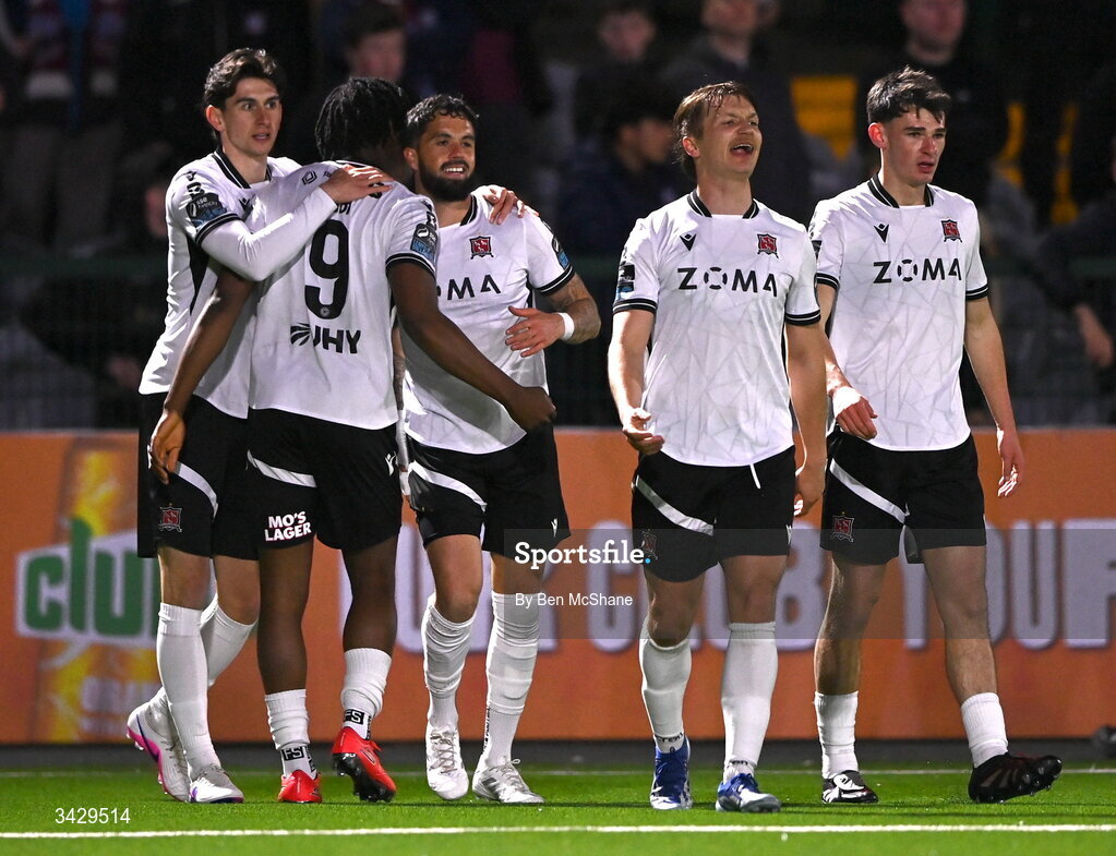 17 April 2026; Declan McDaid of Dundalk celebrates with teammates, from left, Harry Groome, Gbemi Arubi,  John Ross Wilson and Shane Tracey after scoring their side's first goal during the SSE Airtricity Men's Premier Division match between Dundalk and Galway United at Oriel Park in Dundalk, Louth. Photo by Ben McShane/Sportsfile