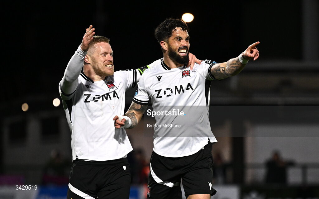 17 April 2026; Declan McDaid of Dundalk celebrates with teammate Daryl Horgan, left, after scoring their side's second goal during the SSE Airtricity Men's Premier Division match between Dundalk and Galway United at Oriel Park in Dundalk, Louth. Photo by Ben McShane/Sportsfile