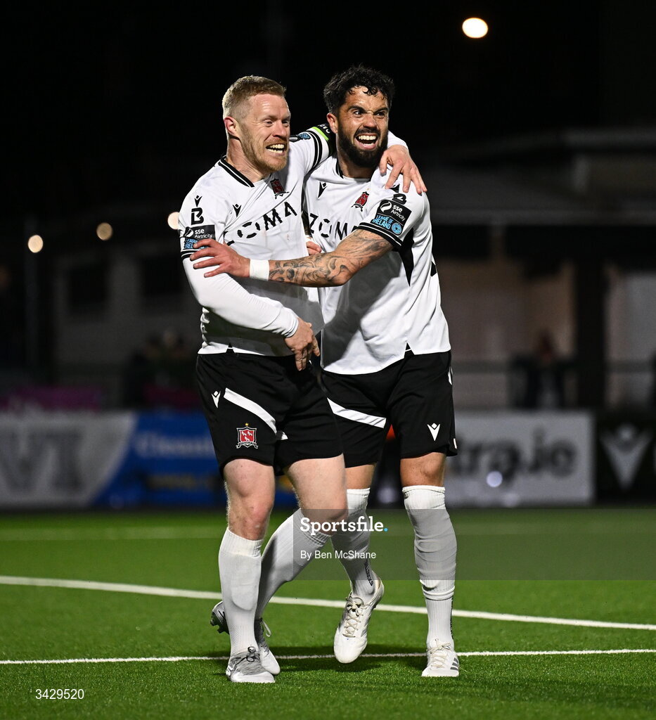 17 April 2026; Declan McDaid of Dundalk celebrates with teammate Daryl Horgan, left, after scoring their side's second goal during the SSE Airtricity Men's Premier Division match between Dundalk and Galway United at Oriel Park in Dundalk, Louth. Photo by Ben McShane/Sportsfile