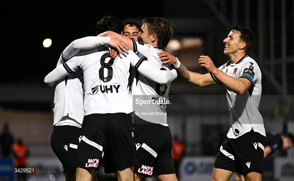17 April 2026; Declan McDaid of Dundalk, centre, celebrates with teammates after scoring their side's second goal during the SSE Airtricity Men's Premier Division match between Dundalk and Galway United at Oriel Park in Dundalk, Louth. Photo by Ben McShane/Sportsfile