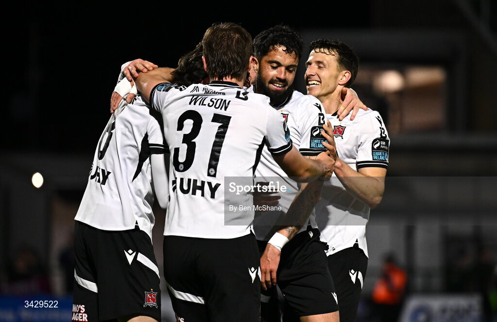 17 April 2026; Declan McDaid of Dundalk, centre, celebrates with teammates after scoring their side's second goal during the SSE Airtricity Men's Premier Division match between Dundalk and Galway United at Oriel Park in Dundalk, Louth. Photo by Ben McShane/Sportsfile