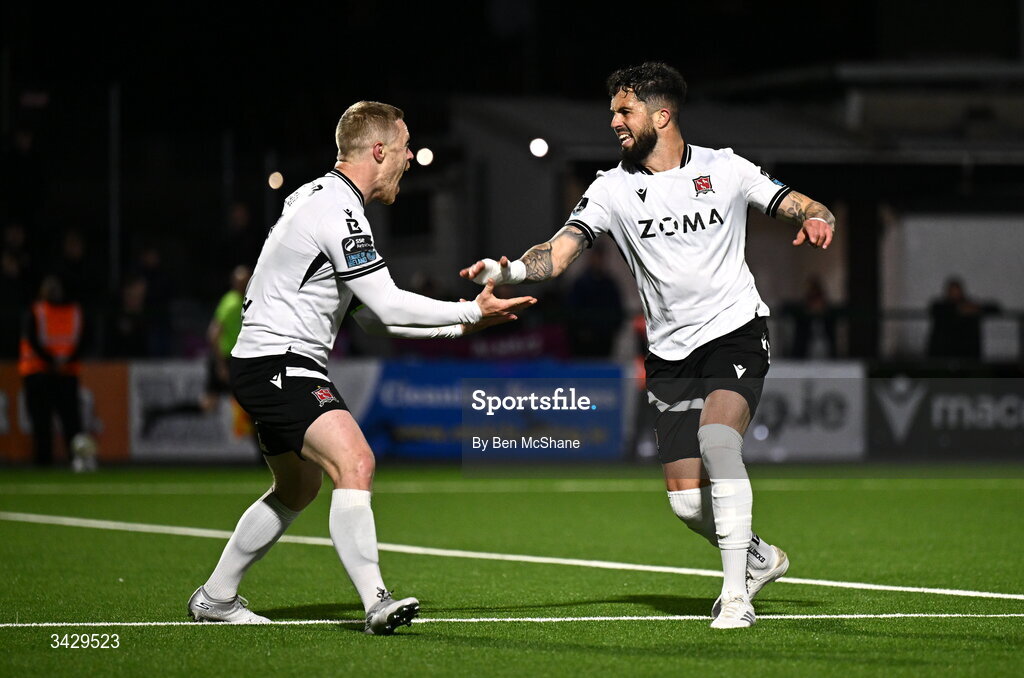 17 April 2026; Declan McDaid of Dundalk celebrates with teammate Daryl Horgan, left, after scoring their side's second goal during the SSE Airtricity Men's Premier Division match between Dundalk and Galway United at Oriel Park in Dundalk, Louth. Photo by Ben McShane/Sportsfile