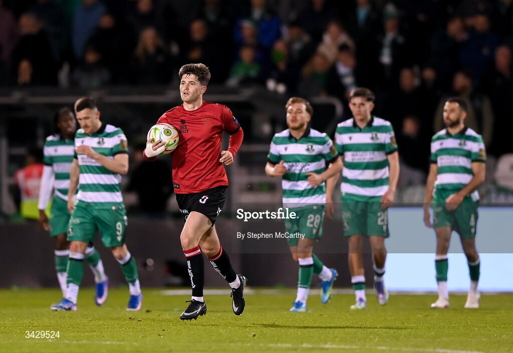 17 April 2026; Colm Whelan of Bohemians after scoring his side's first goal during the SSE Airtricity Men's Premier Division match between Shamrock Rovers and Bohemians at Tallaght Stadium in Dublin. Photo by Stephen McCarthy/Sportsfile