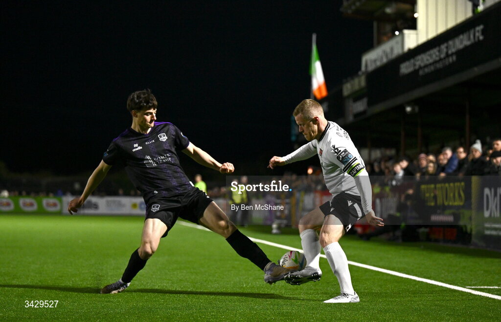 17 April 2026; Daryl Horgan of Dundalk in action against Axel Piesold of Galway United during the SSE Airtricity Men's Premier Division match between Dundalk and Galway United at Oriel Park in Dundalk, Louth. Photo by Ben McShane/Sportsfile