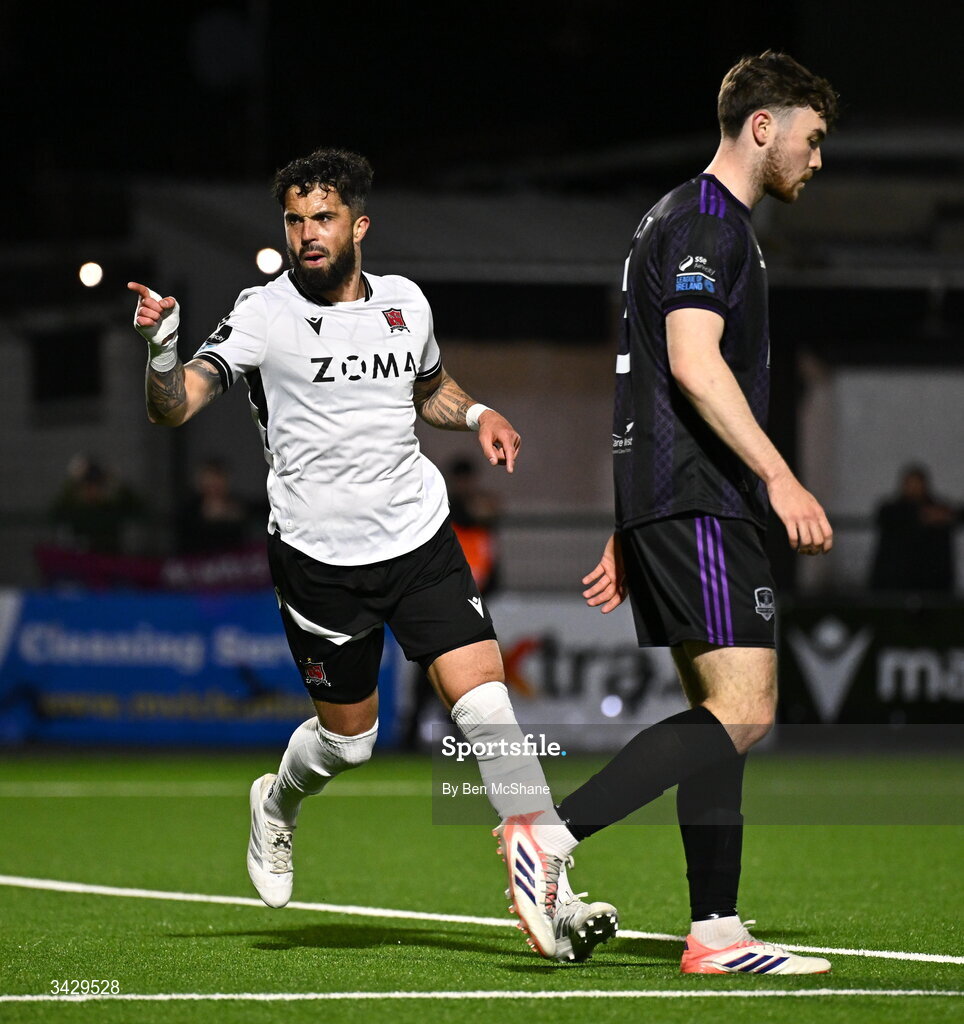 17 April 2026; Declan McDaid of Dundalk celebrates after scoring his side's second goal during the SSE Airtricity Men's Premier Division match between Dundalk and Galway United at Oriel Park in Dundalk, Louth. Photo by Ben McShane/Sportsfile