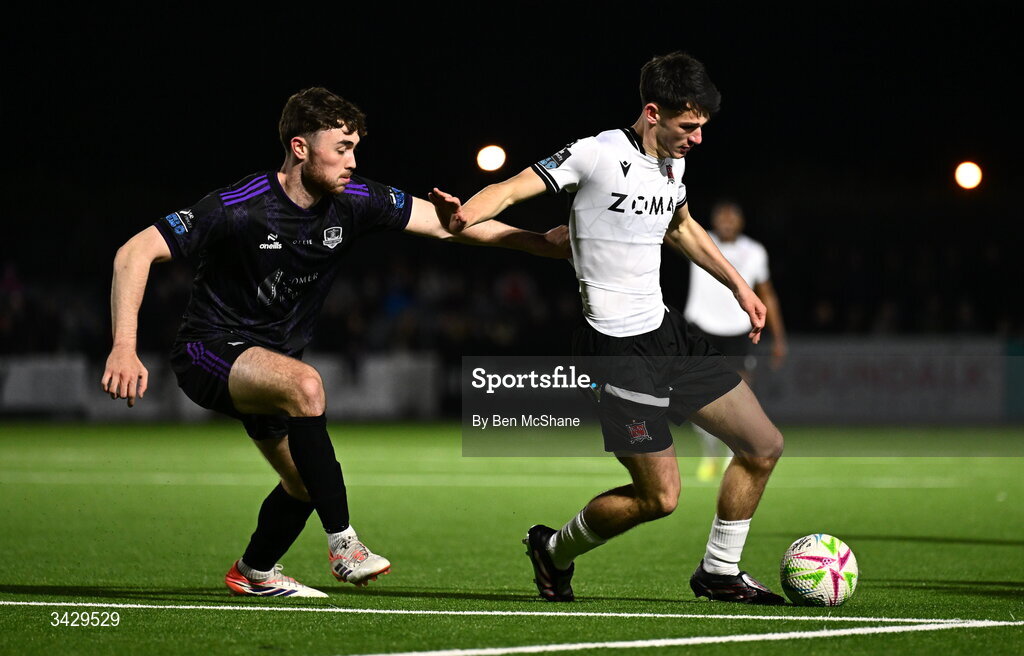 17 April 2026; Shane Tracey of Dundalk in action against Connor Barratt of Galway United during the SSE Airtricity Men's Premier Division match between Dundalk and Galway United at Oriel Park in Dundalk, Louth. Photo by Ben McShane/Sportsfile