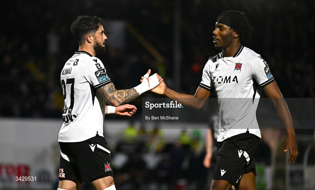 17 April 2026; Declan McDaid of Dundalk celebrates with teammate Gbemi Arubi, right, after scoring their side's second goal during the SSE Airtricity Men's Premier Division match between Dundalk and Galway United at Oriel Park in Dundalk, Louth. Photo by Ben McShane/Sportsfile