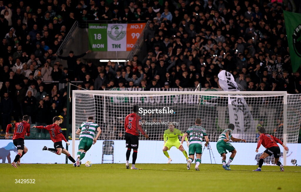 17 April 2026; Colm Whelan of Bohemians scores his side's first goal, a penalty, during the SSE Airtricity Men's Premier Division match between Shamrock Rovers and Bohemians at Tallaght Stadium in Dublin. Photo by Stephen McCarthy/Sportsfile