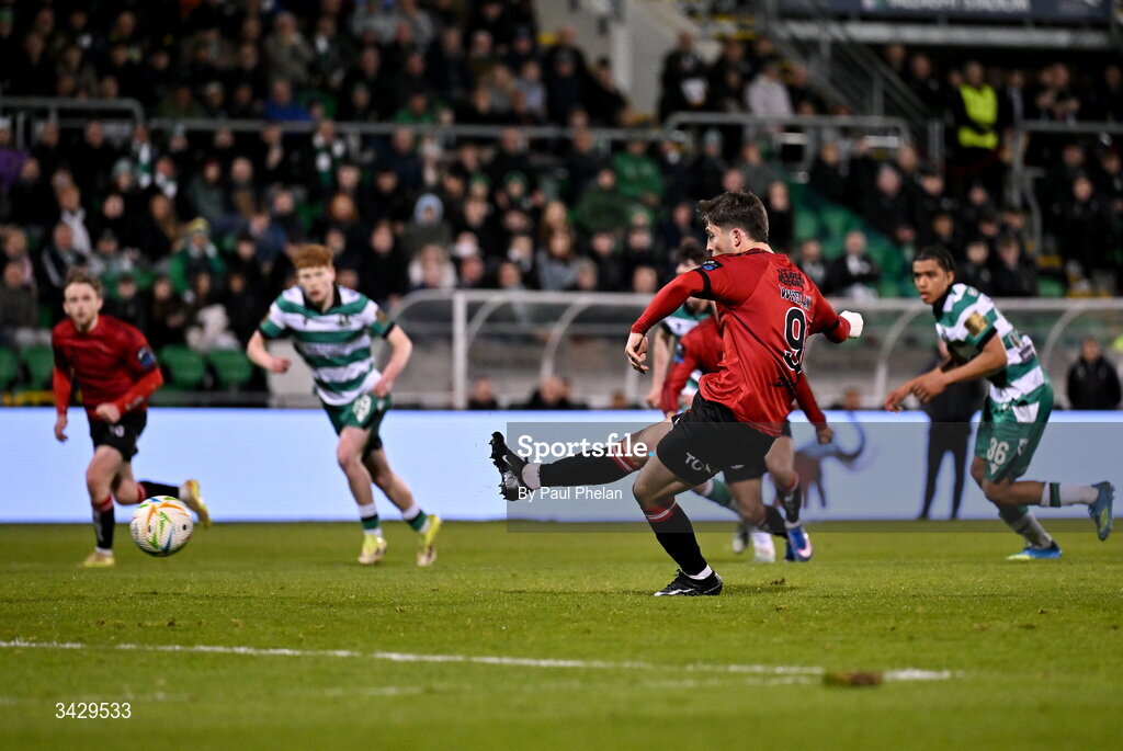 17 April 2026; Colm Whelan of Bohemians scores a penalty during the SSE Airtricity Men's Premier Division match between Shamrock Rovers and Bohemians at Tallaght Stadium in Dublin. Photo by Paul Phelan/Sportsfile