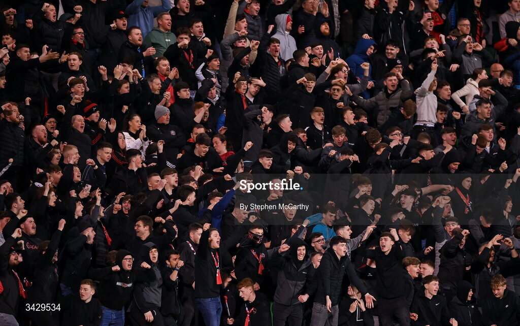 17 April 2026; Bohemians supporters celebrate their first goal during the SSE Airtricity Men's Premier Division match between Shamrock Rovers and Bohemians at Tallaght Stadium in Dublin. Photo by Stephen McCarthy/Sportsfile