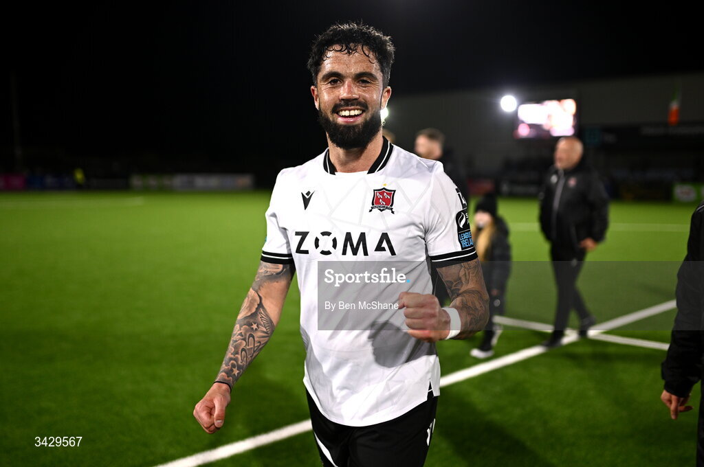 17 April 2026; Declan McDaid of Dundalk celebrates after the SSE Airtricity Men's Premier Division match between Dundalk and Galway United at Oriel Park in Dundalk, Louth. Photo by Ben McShane/Sportsfile