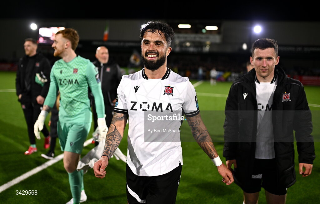 17 April 2026; Declan McDaid of Dundalk celebrates after the SSE Airtricity Men's Premier Division match between Dundalk and Galway United at Oriel Park in Dundalk, Louth. Photo by Ben McShane/Sportsfile