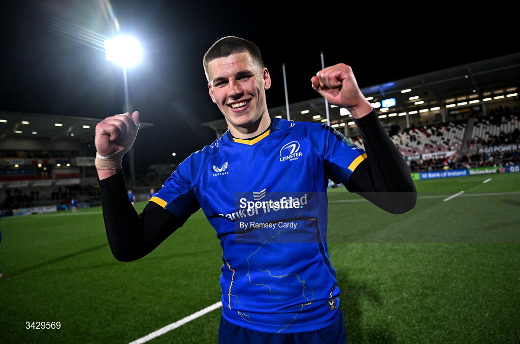 17 April 2026; Sam Prendergast of Leinster after the United Rugby Championship match between Ulster and Leinster at Affidea Stadium in Belfast. Photo by Ramsey Cardy/Sportsfile